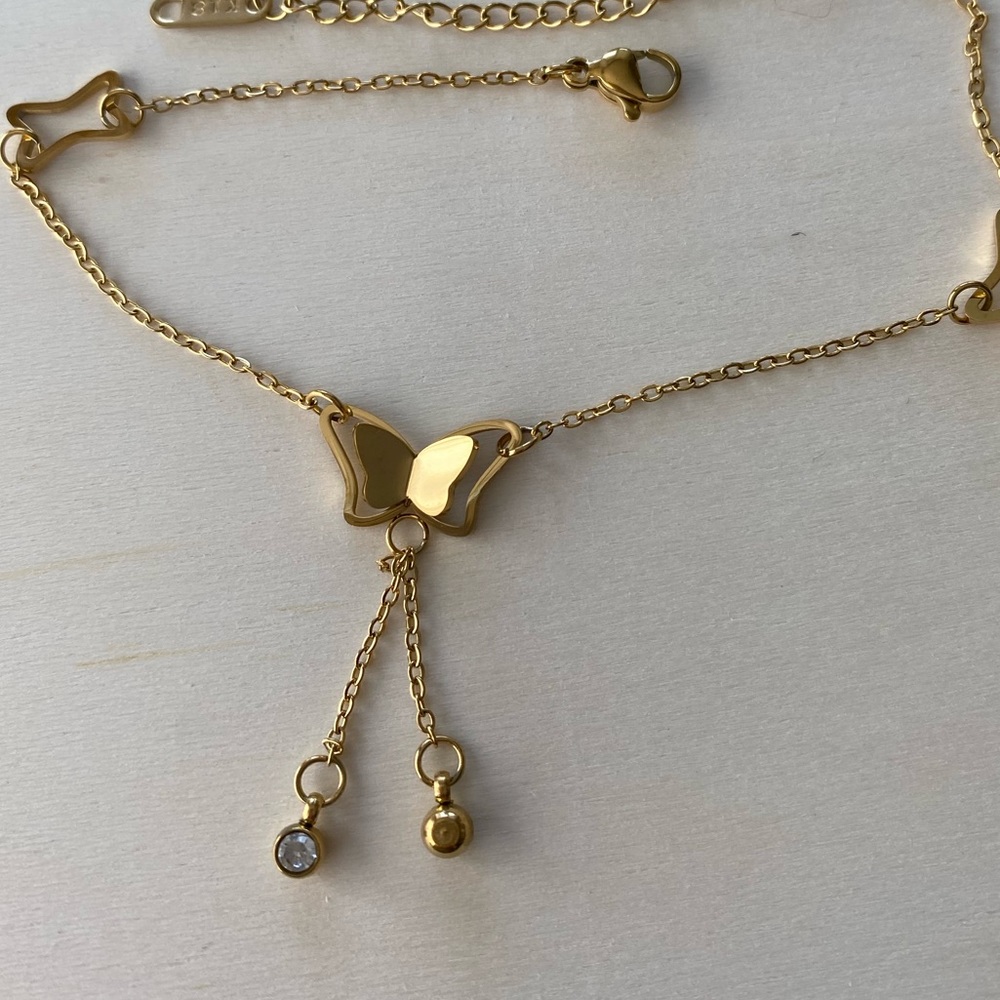 Yellow gold butterfly anklet CZ Stainless steel